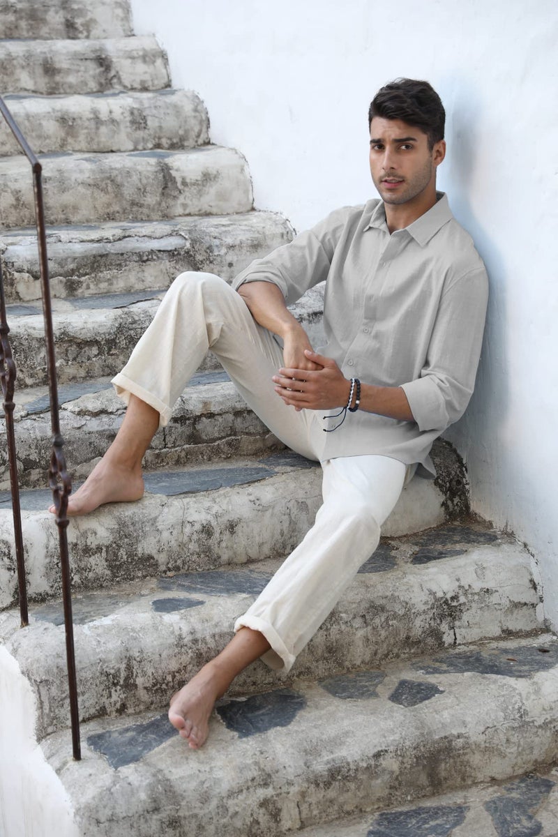 Runcati Mens Button Down Shirt Linen Cotton Shirts Casual Long Sleeve Spread Collar Lightweight Beach Plain Tops - Image 2